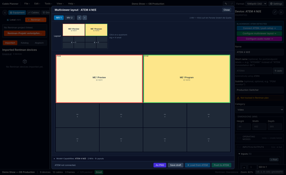 Editor für ATEM-Multiviewer-Layouts mit Program- und Preview-Fenstern